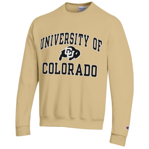 A Vegas Gold crewneck sweatshirt with bold black University of Colorado lettering and a C-U Buffalo logo.
